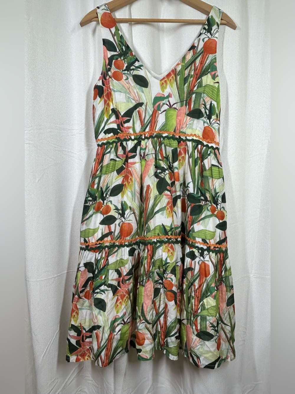 Verandah Tank Dress Oranges Floral Palms Size Small Green Leaves Lined